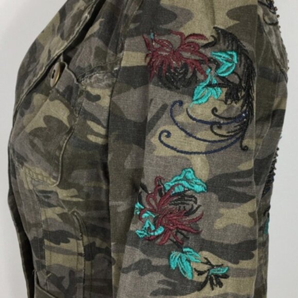 Morbid Threads Denim Military Jacket Embroidery Beaded Camouflage Women's XL - Picture 5 of 16